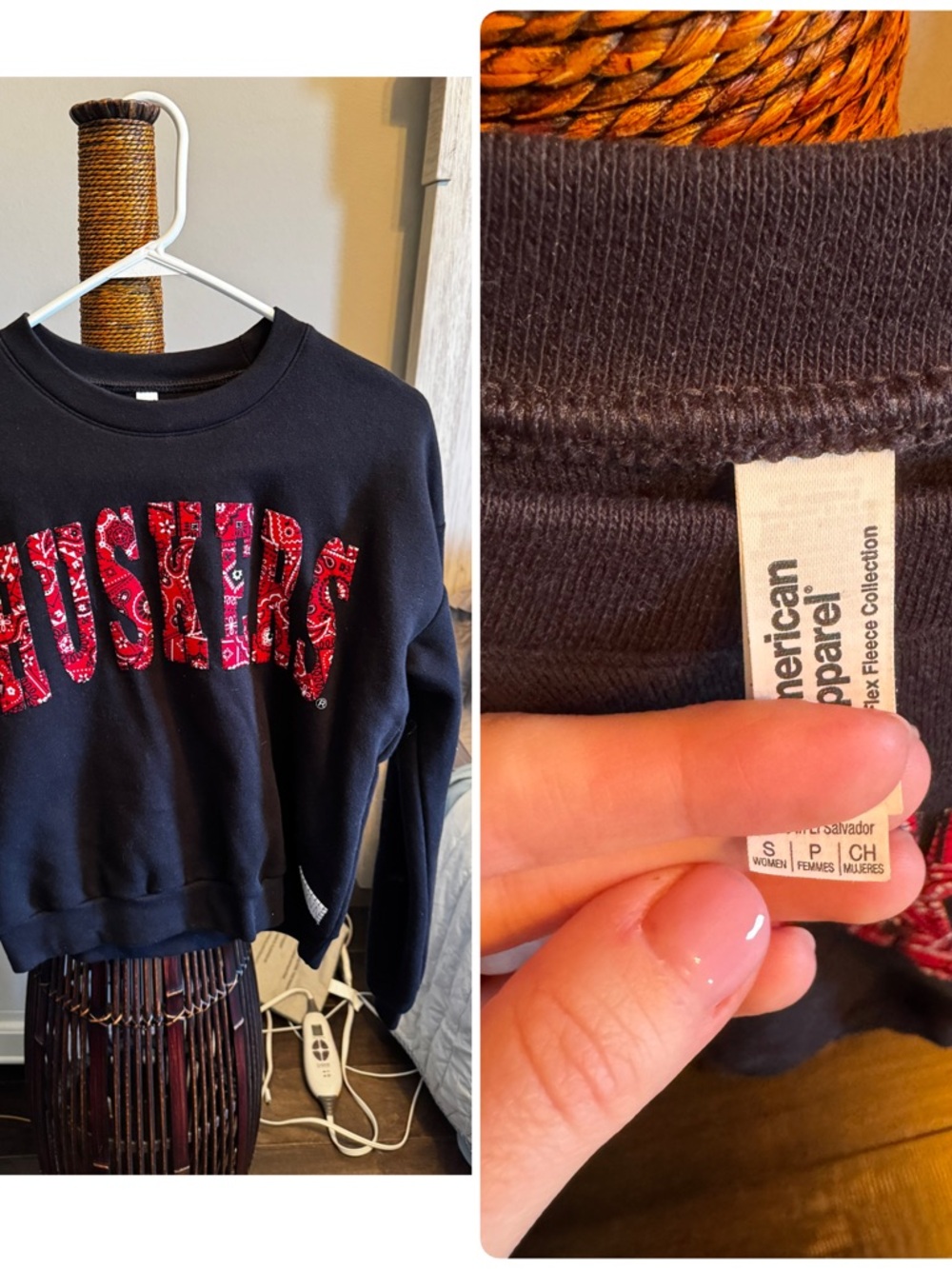American Apparel Black Crewneck Sweatshirt with Red Bandana Appliqué Husker